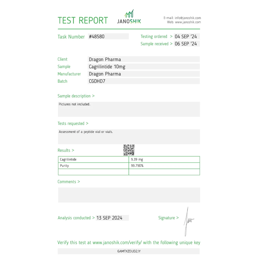CAGRILINTIDE ACETATE 10MG - vial by Dragon Pharma, Europe CAGRILINTIDE ACETATE 10MG - vial by Dragon Pharma, Europe