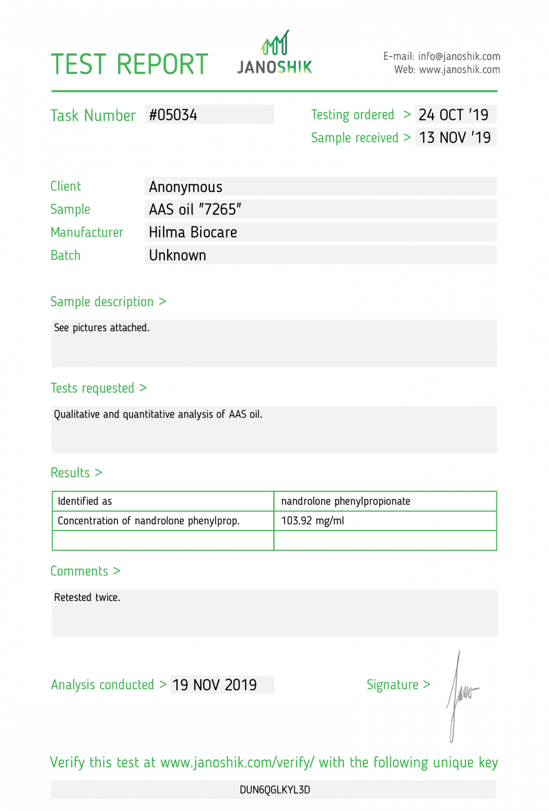 hilma nandrolone phenylpropionate lab tes results