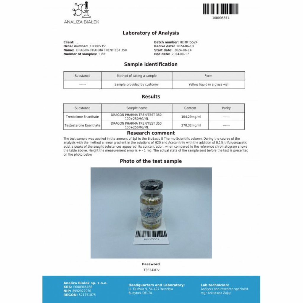 TREN/TEST 350 - 10 ml by Dragon Pharma, Europe TREN/TEST 350 - 10 ml by Dragon Pharma, Europe