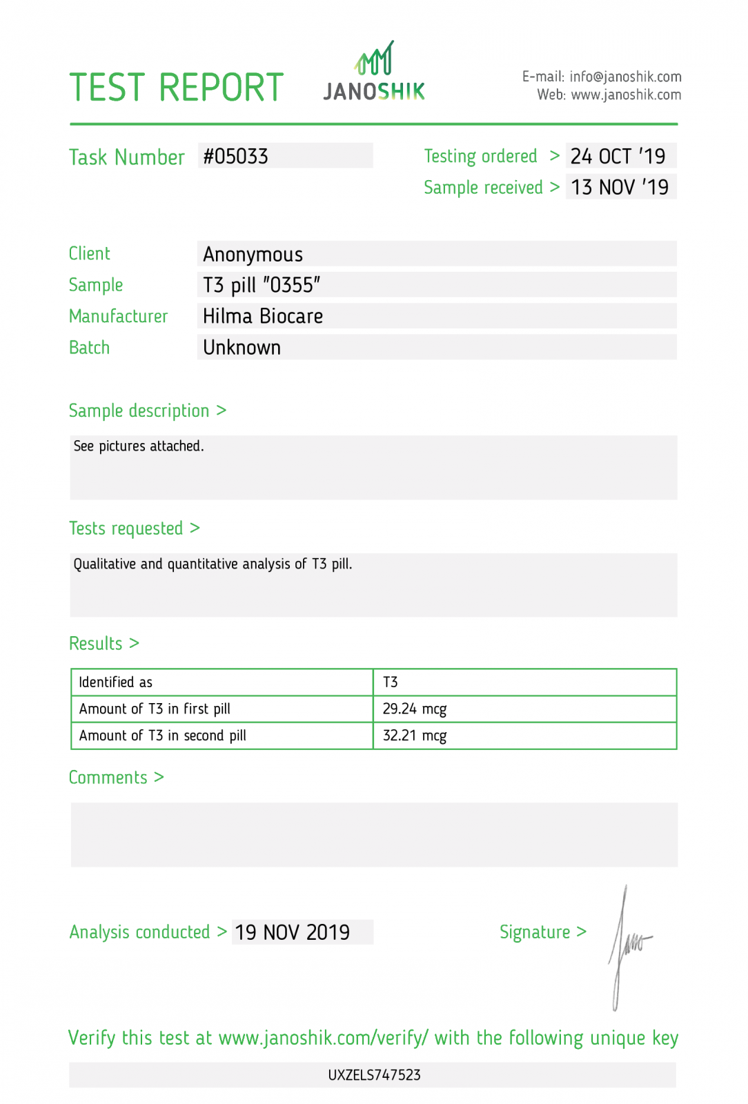 hilma t3 lab tes results