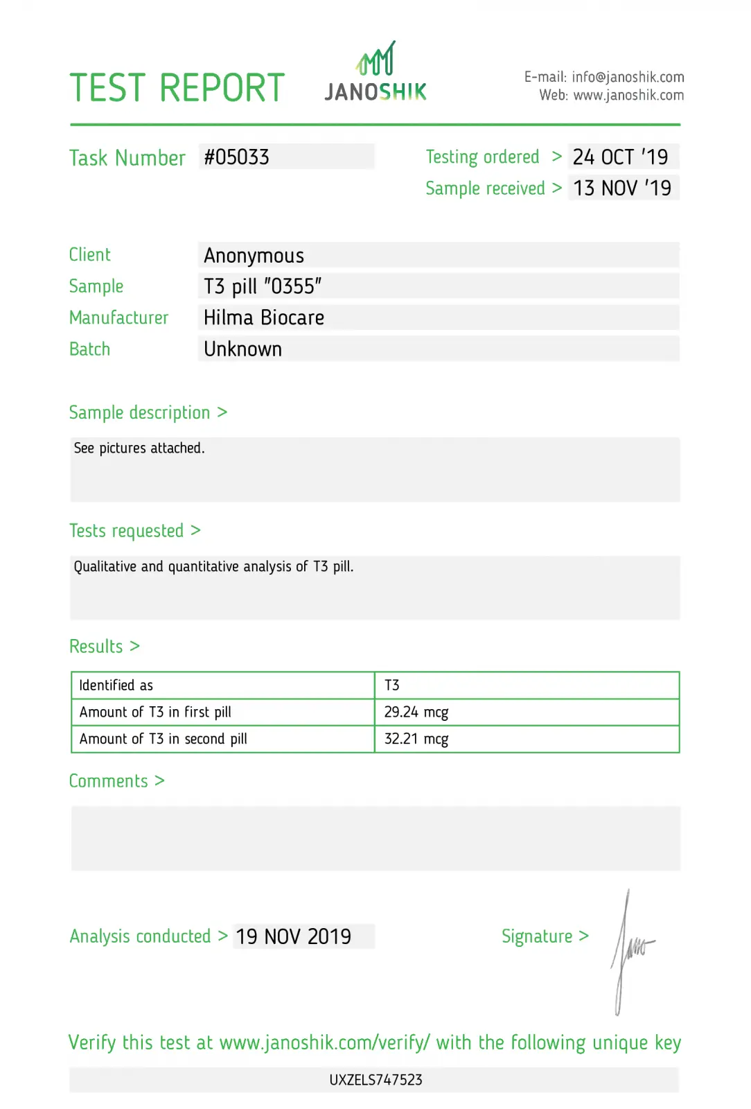 hilma t3 lab tes results